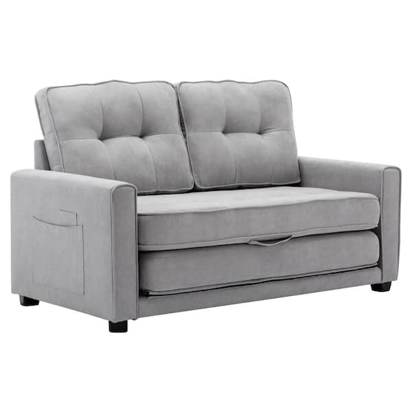 Nestfair 60 in. W Square Arm Chenille Modern Rectangle Pull-out Sofa Bed in Gray with Side Pocket