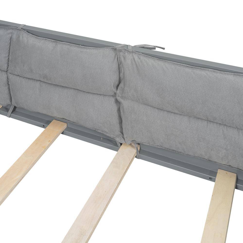 Gray Wood Frame Full Size Platform Bed with Pillows and Guardrails - thumbnail 8