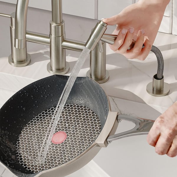 Double Handle 1.8 GPM Bridge Kitchen Faucet with Side Sprayer in Brushed Nickel