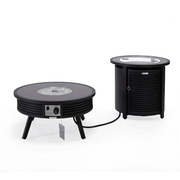 Leisuremod Walbrooke Patio Round Fire Pit and Tank Holder with Slats Design (Black)
