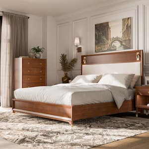 Forma Mid Century Brown Walnut Rubber Wood Frame Queen Platform Bed with Reading Lights