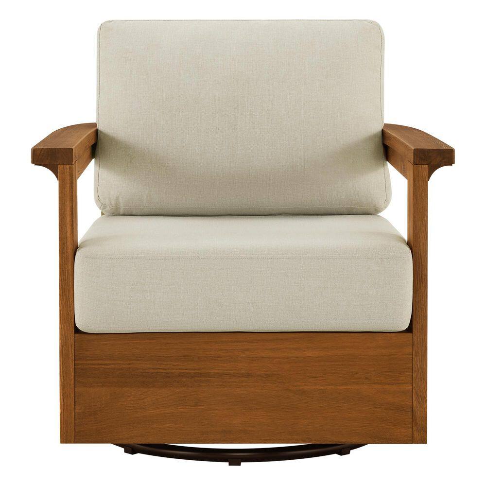 Front view of the dark brown acacia wood swivel chair.
