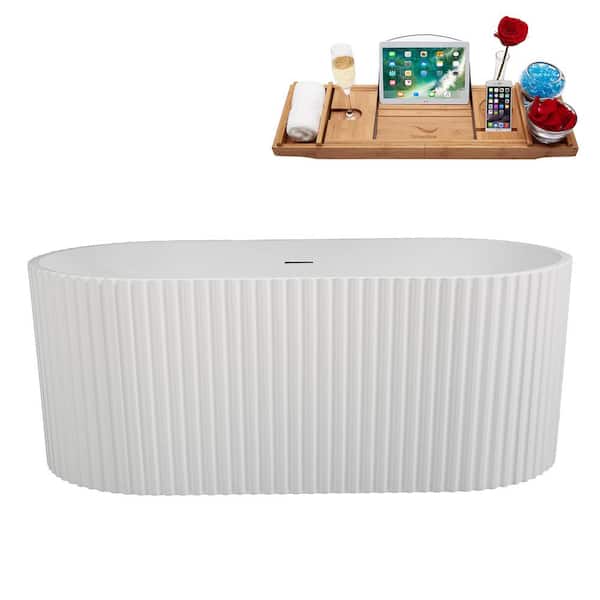 Streamline 59 in. x 30 in. Acrylic Freestanding Soaking Bathtub in Matte White With Matte Oil Rubbed Bronze Drain, Bamboo Tray