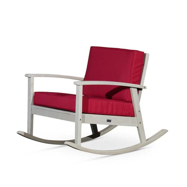 Driftwood Gray Wood Outdoor Rocking Chair with Burgundy Red Cushions Durable Construction