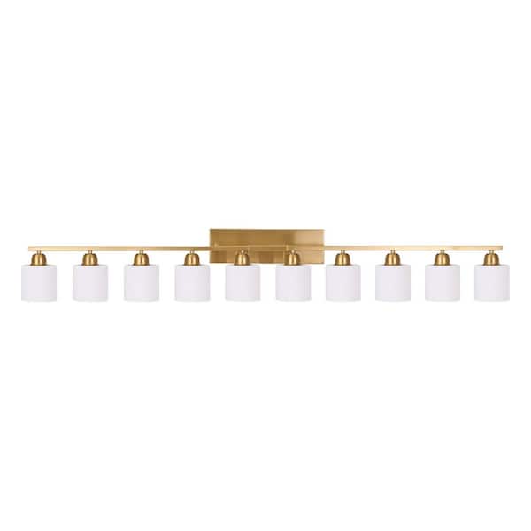 Modern 65 in. 10-Light Gold Vanity Light Wall Sconce with Milky White Frosted Glass Shades