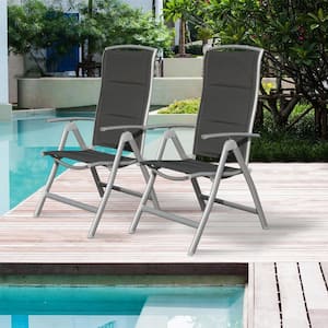 Foldable Aluminum Frame Outdoor Lounge Chair with Adjustable High Back and Soft Cotton Seat in Dark Gray (Set of 2)