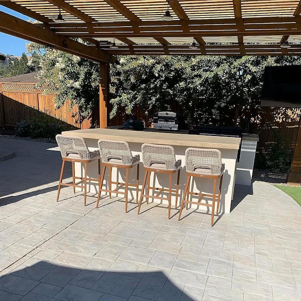 Modern Aluminum Plaid Wicker Woven Bar Height Outdoor Bar Stool with Back and Beige Cushion (4-Pack)