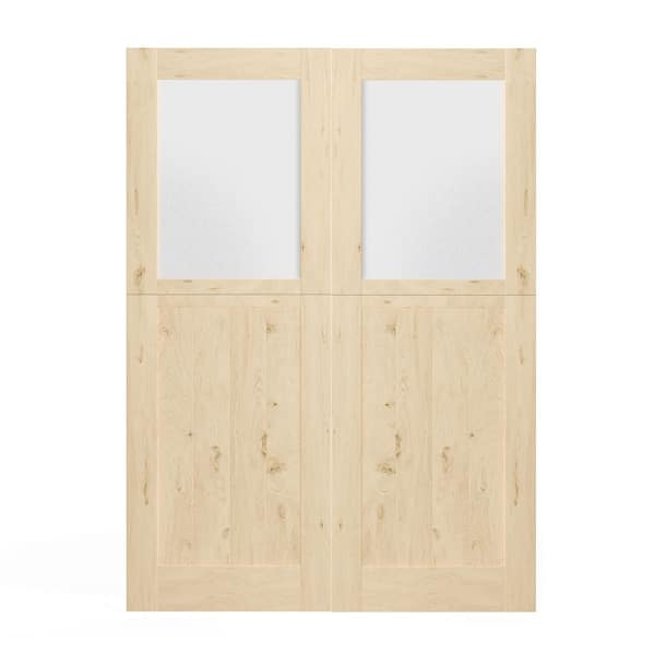 TENONER 56in. x 80in. 1/2 Lite, Frosted Glass, Primed Half Split Interior Dutch Door Slab with Natural Pine Wood Color