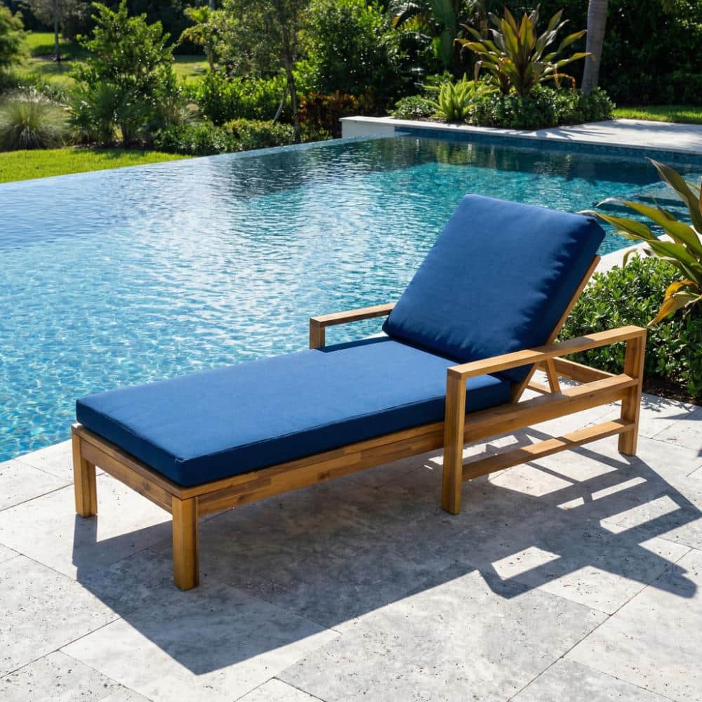 Teak Acacia Wood Outdoor Lounge Chair with Blue Cushion for Backyard, Deck, and Lawn price history on PriceWatchPro