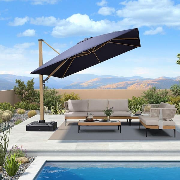 PURPLE LEAF 10 ft. Square Outdoor Cantilever Patio Umbrella Teak Finished Offset 360° Rotation Umbrella with Base, Navy Blue