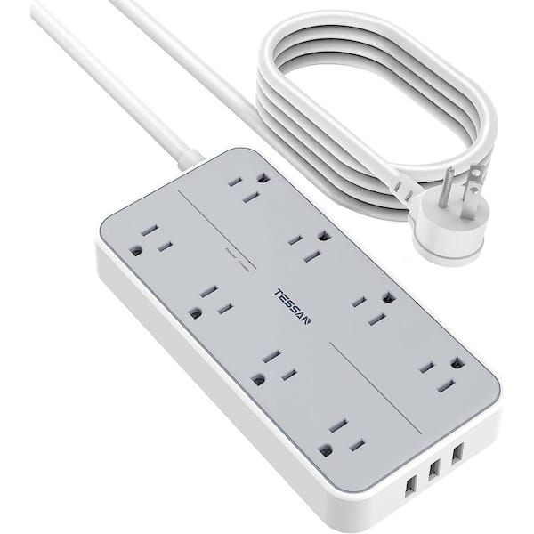 Etokfoks 10 ft. 4 AC Outlets Flat Plug Power Strip with 3 USB Ports, Black Extension Cord, Wall Mount Outlet Extender