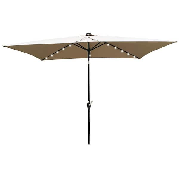 10 ft. x 6.5 ft. Rectangular Aluminum Market Solar LED Lights Push Button Tilt Patio Umbrella in Taupe