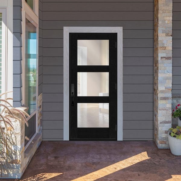Regency 30 in. x 80 in. Modern 3-Lite Equal Clear Glass LHOS Onyx Stain Mahogany Fiberglass Prehung Front Door