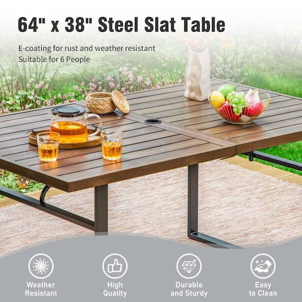 7 Piece Metal Outdoor Dining Set with Dark Brown Rectangular Table and Modern Stackable Chairs
