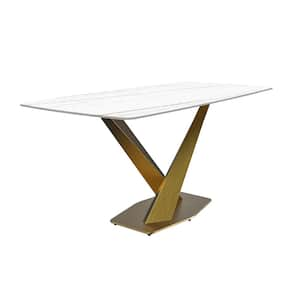 Voren Modern White/Gold Stone Tabletop 71 in. Double Pedestal Base Dining Table 10-Seater in Gold Stainless Steel