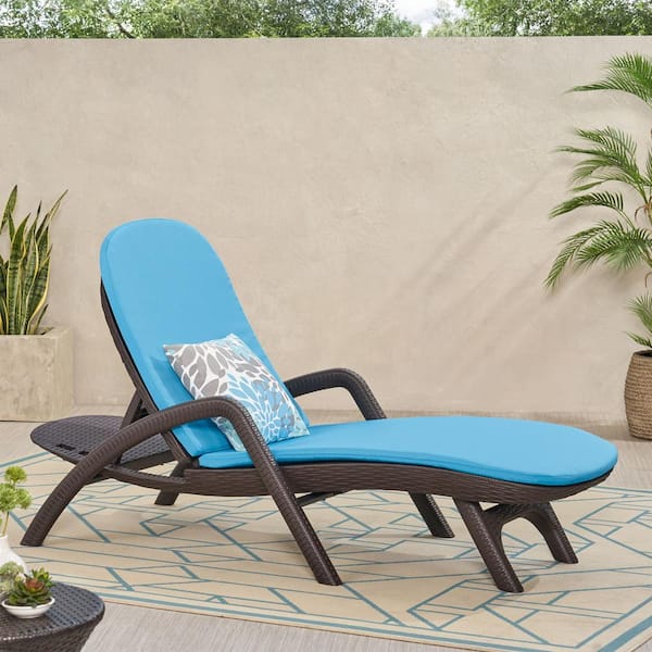 Noble House Mikael Dark Brown 1-Piece Faux Wicker Outdoor Chaise Lounge with Blue Cushion