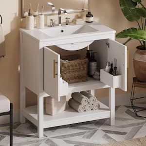 30 in. W x 18.3 in. D x 33.8 in. H Single Sink Freestanding Bath Vanity in White with White Ceramic Top and Storage