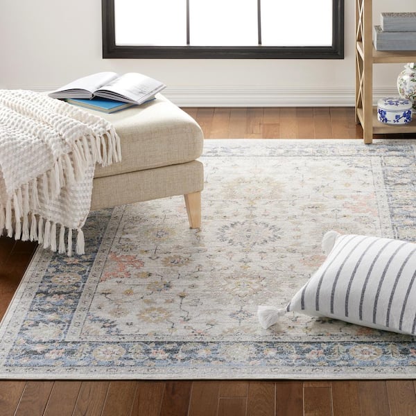 Treasure Lina Ivory/Blue 5 ft. x 7 ft. Medallion Machine Washable Area Rug