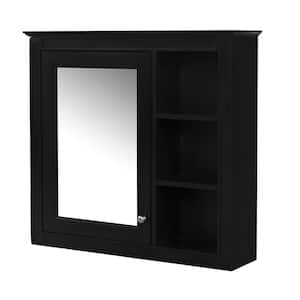 29.92 in. W x 7.32 in. D x 28 in. H  Wall Mounted Bathroom Storage Cabinet in Black with Mirror and  3 Open Shelves