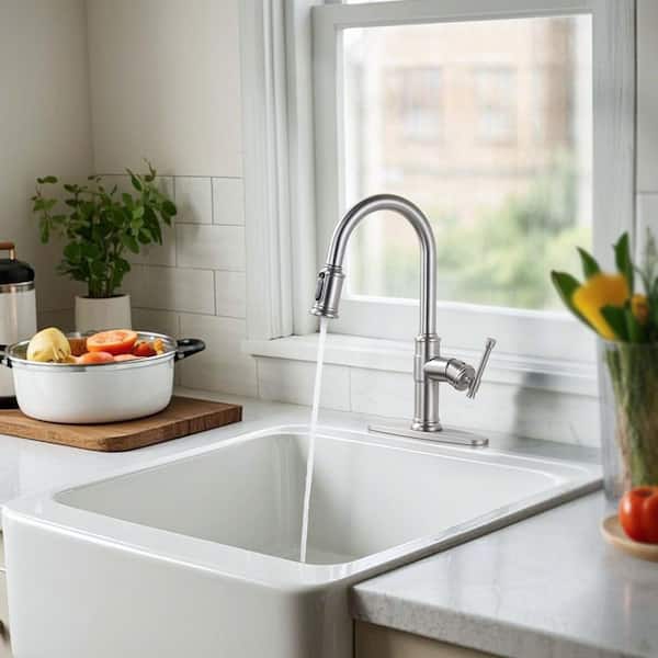 16 in. High-Arc 3-Mode Single Handle 360° Swivel Pull-Down Sprayer Kitchen Faucet with Deckplate in Brushed Nickel