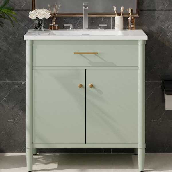 31 in. Freestanding Green Bath Vanity with White Ceramic Top Bathroom Door Storage Cabinet Unassembled
