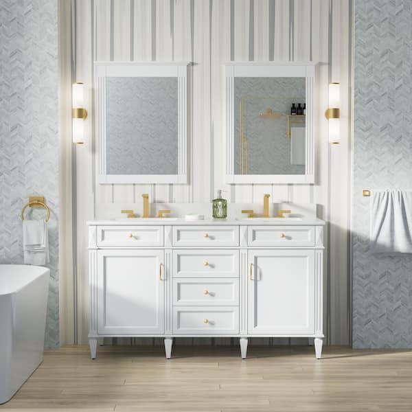 60 in. W x 22 in. D x 35 in. H Solid Wood Freestanding Bath Vanity in White with Carrera White Quartz Top
