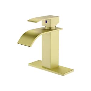 Waterfall Single-Handle Single Hole Low-Arc Bathroom Faucet Bathroom Drip-Free Vanity Sink Faucet in Brushed Gold