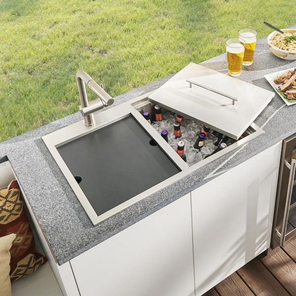 Merino 29 in. Drop-in Double Bowl Marine Grade T-316 Stainless Steel Outdoor BBQ Insulated Ice Chest Workstation Sink