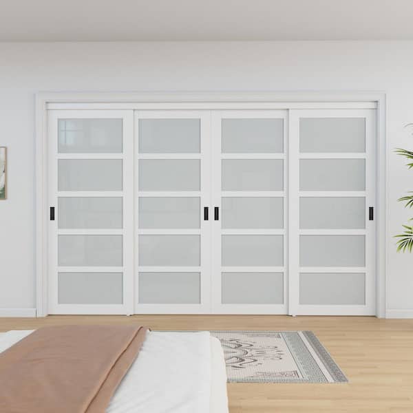 120 in. x 80 in. 5-Lite Frosted Glass Primed White MDF Interior Closet Sliding Door Black Handles and Hardware