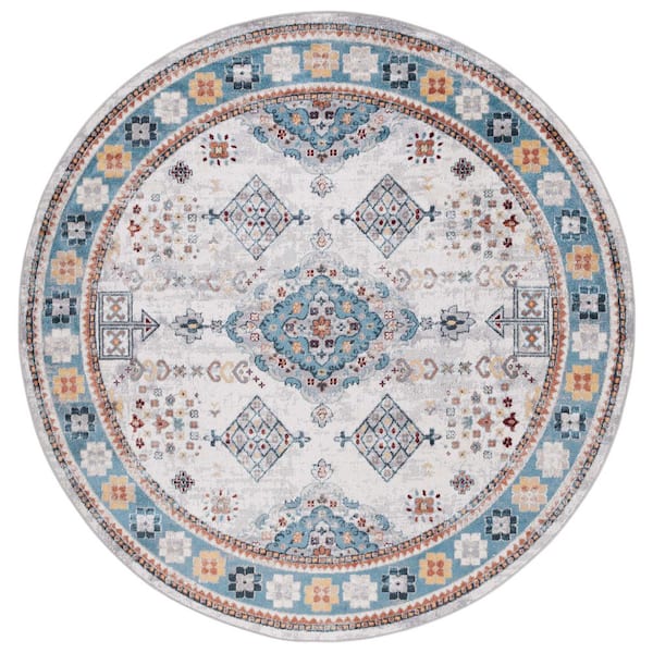 SAFAVIEH Bayside Grey/Blue 7 ft. x 7 ft. Machine Washable Border Medallion Round Area Rug