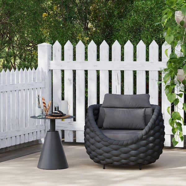 Bird's Nest Shaped Black Metal Lounge Chair with Dark Gray Cushions