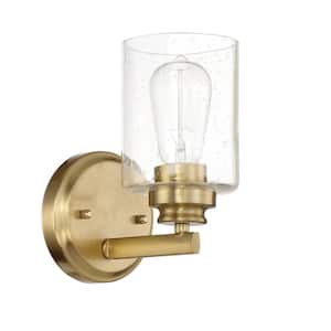 Bolden 5 in. 1-Light Satin Brass Finish Wall Sconce with Clear Seeded Glass