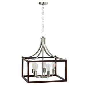 5-Light Chrome Industrial Style Geometric Lantern Pendant with Open Wooden Cage Frame