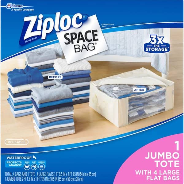 Ziploc Large Plastic 4 Large Flat Bags, 1 Underbed Tote, Space Bags 2-5/Pack