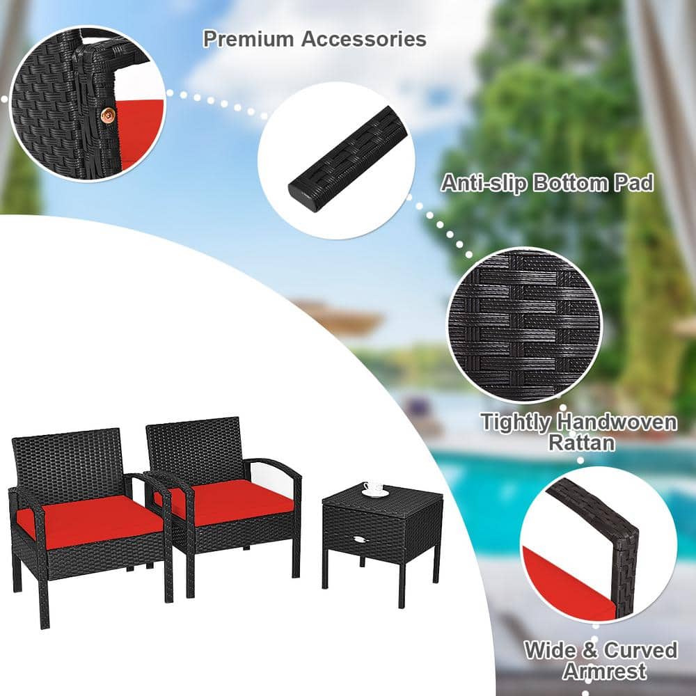 Red Cushioned Black Rattan 2-Person Patio Conversation Set