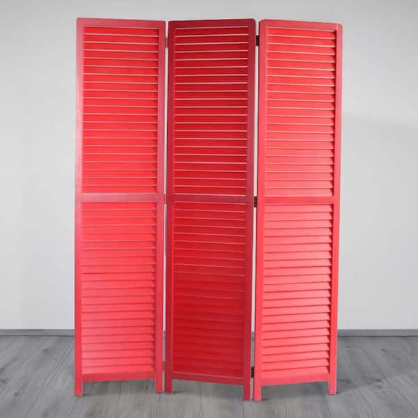 Benjara Red Transitional Wooden Screen with 3-Panels and Shutter Design