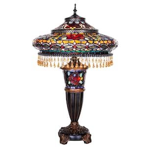 27.5 in. Multi-Colored Stained Glass Indoor Table Lamp with Parisian Shade and Lit Base