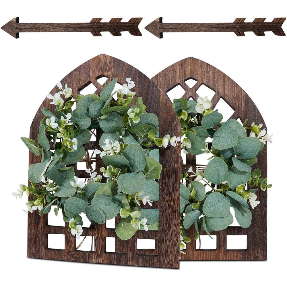 15 .7 in. H Rustic Brown Wood Window Frame with Green Leaves Artificial Wre