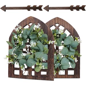 15 .7 in. H Rustic Brown Wood Window Frame with Green Leaves Artificial Wreath and Arrows Wall Decor, Set of 2