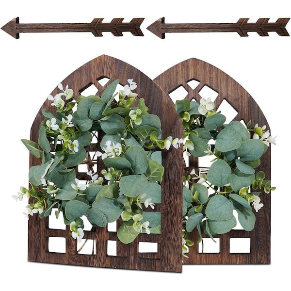 Unbranded 15 .7 in. H Rustic Brown Wood Window Frame with Green Leaves Artificial Wreath and Arrows Wall Decor, Set of 2