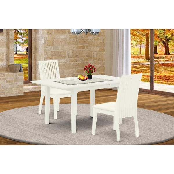 East West Furniture 3-Piece Linen White Finish Rectangular Solid Wood Top With Butterfly Leaf Dining Table Set