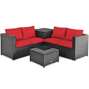 4-Piece Wicker Loveseat with Red Cushions