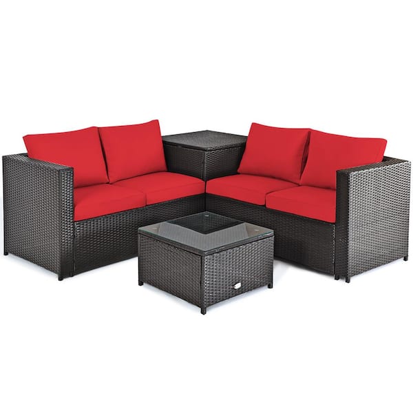 Costway 4-Piece Wicker Loveseat with Red Cushions