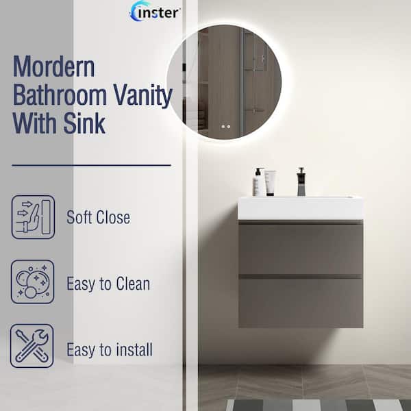NOBLE 24 in. W x 18 in. D x 25 in. H Single Sink Floating Bath Vanity in Gray with White Solid Surface Integral Top