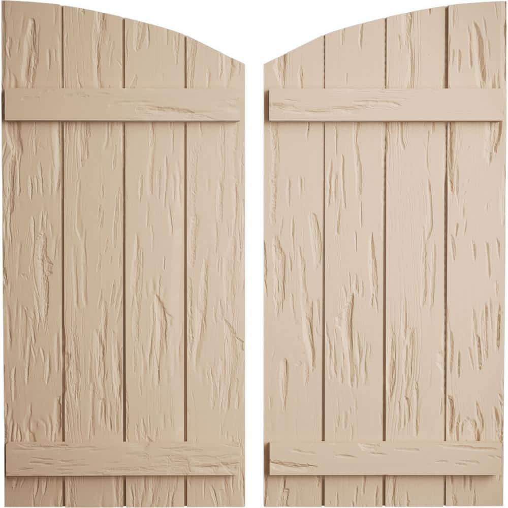 22 in. x 72 in. Polyurethane Pecky Cypress 4-Board Joined Board and Batten Elliptical Top Faux Wood Shutters Primed Tan price history on PriceWatchPro