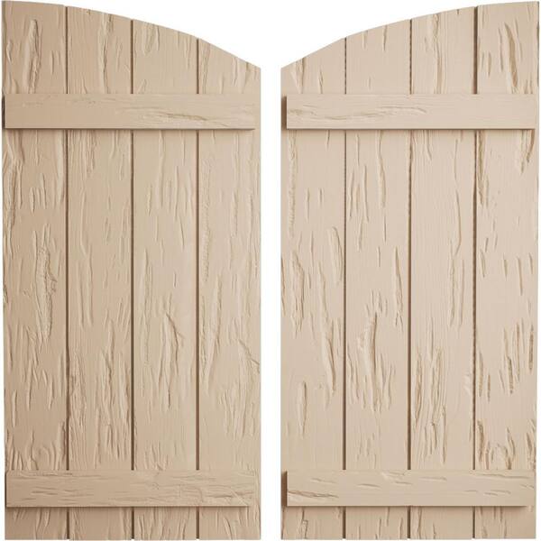 Ekena Millwork 22 in. x 76 in. Polyurethane Pecky Cypress 4-Board Joined Board and Batten Elliptical Top Faux Wood Shutters Primed Tan
