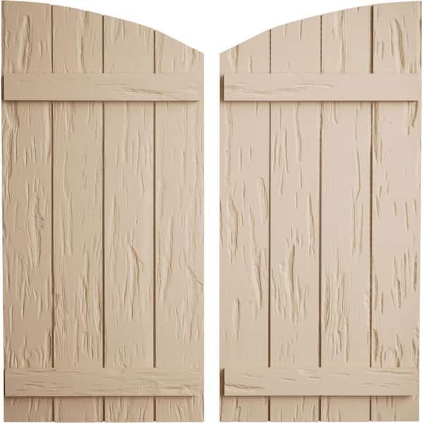 Ekena Millwork 22 in x 86 in Polyurethane Pecky Cypress Four Board Joined Board-n-Batten Elliptical Top Faux Wood Shutters Primed Tan