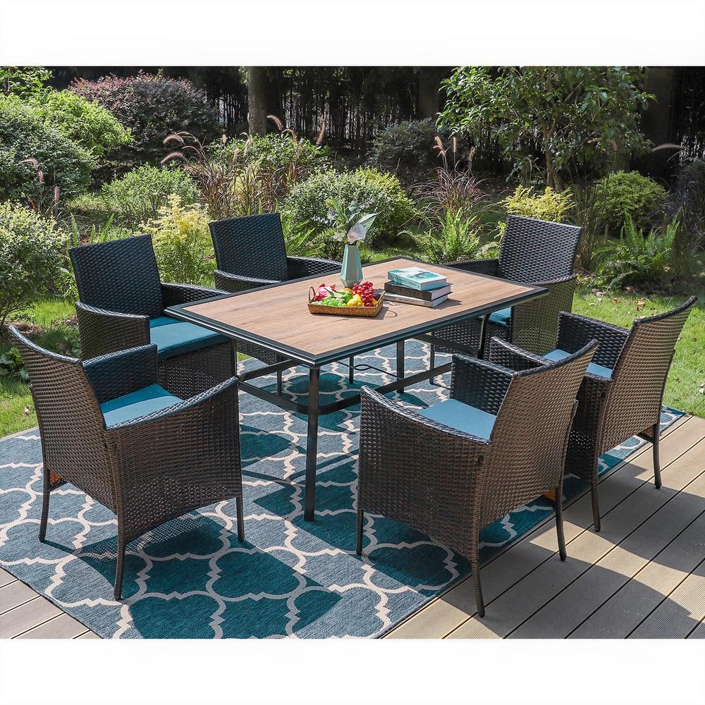 PHI VILLA Black 7-Piece Metal Patio Outdoor Dining Set with Wood-Look ...