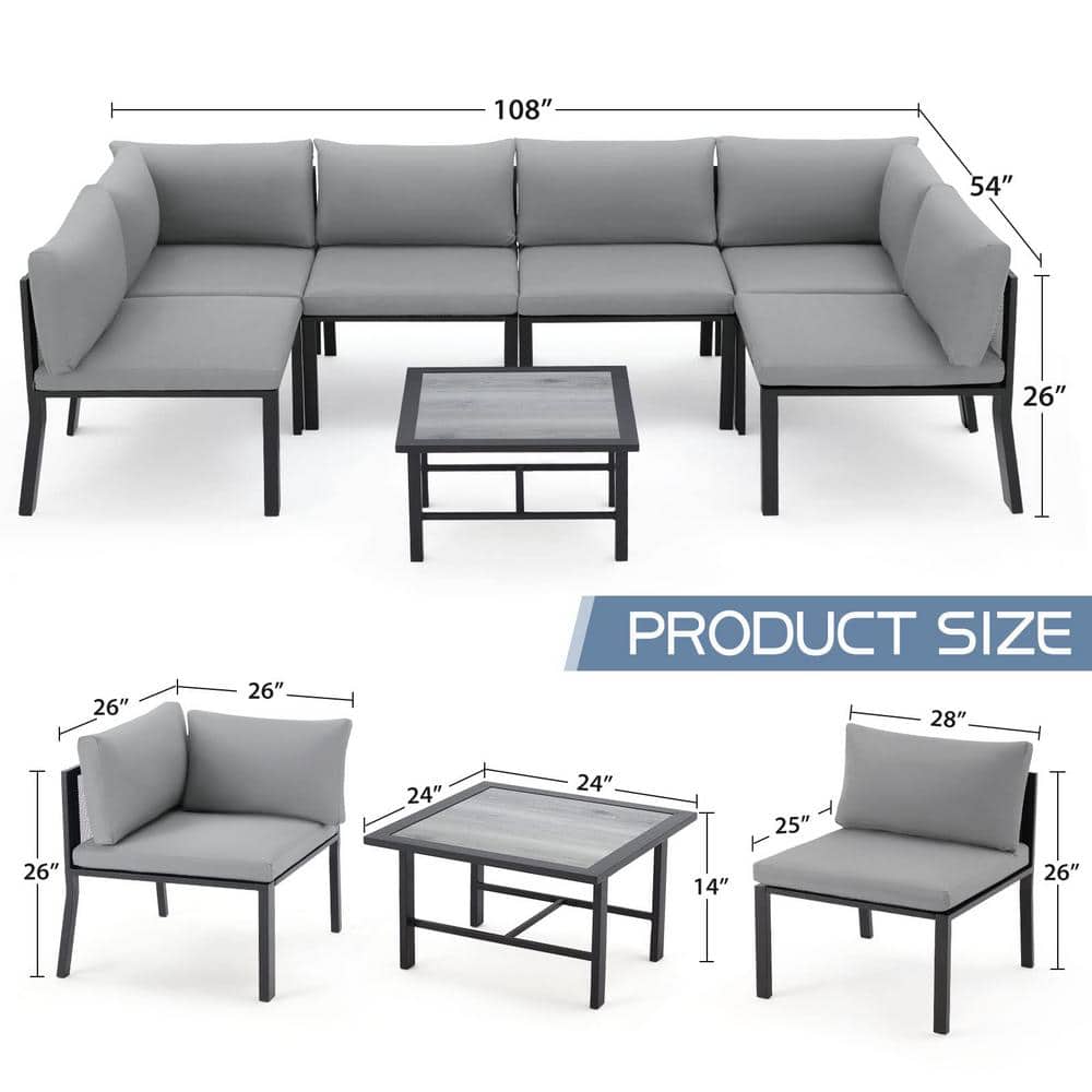 Gray 7-Piece Iron Patio Sectional Furniture Set with Cushions