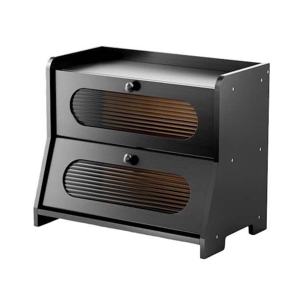 1-Piece Double Layer Large Capacity Bamboo Bread Storage Box with Acrylic Wavy Door Panel for Kitchen Counter